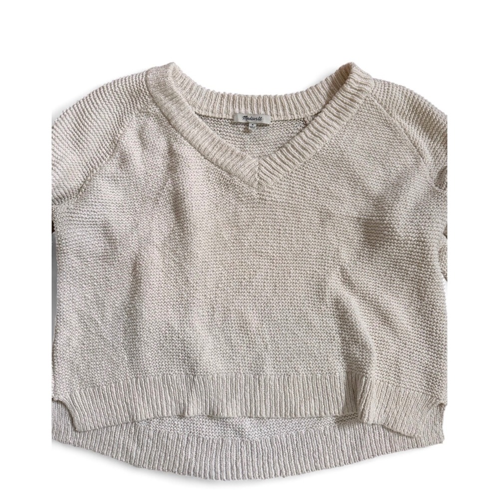 Madewell Womens White 100% Cotton V-Neck Slightly Cropped Knit Sweater Size M - Picture 3 of 5